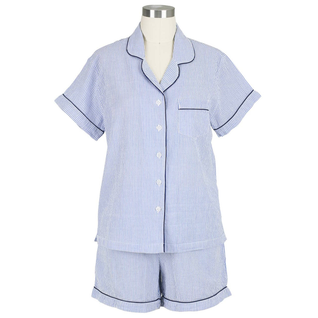 Blue Seersucker-Navy Short Sleeve Shorty Pajamas