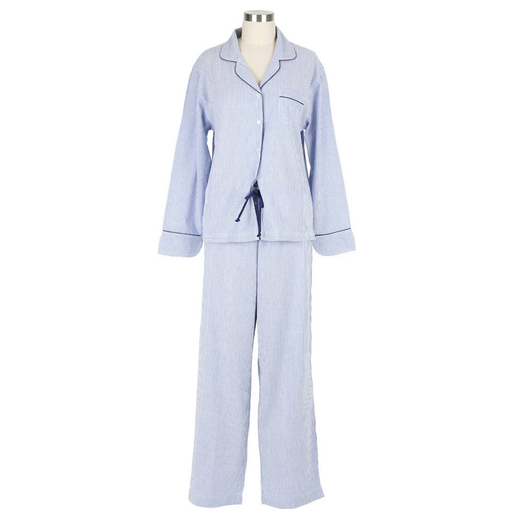 Blue Seersucker-Navy Long Sleeve Pajamas